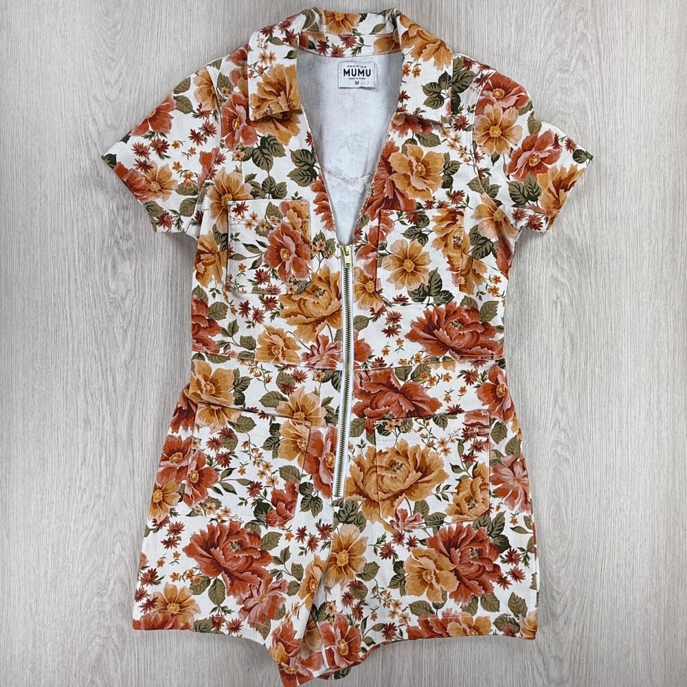 Show Me Your Mumu Floral Romper Orange Tan White Zipper Front Denim Utility Med